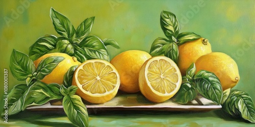 Still life of lemons and basil leaves on a tray.