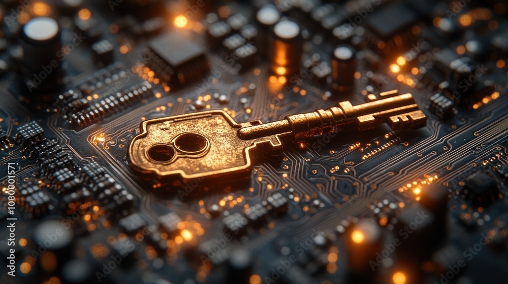 Golden key on dark electronic circuit with lights Golden key on dark electronic circuit with lights