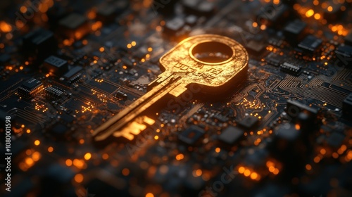Ornamental key atop circuit board with glowing lights photo