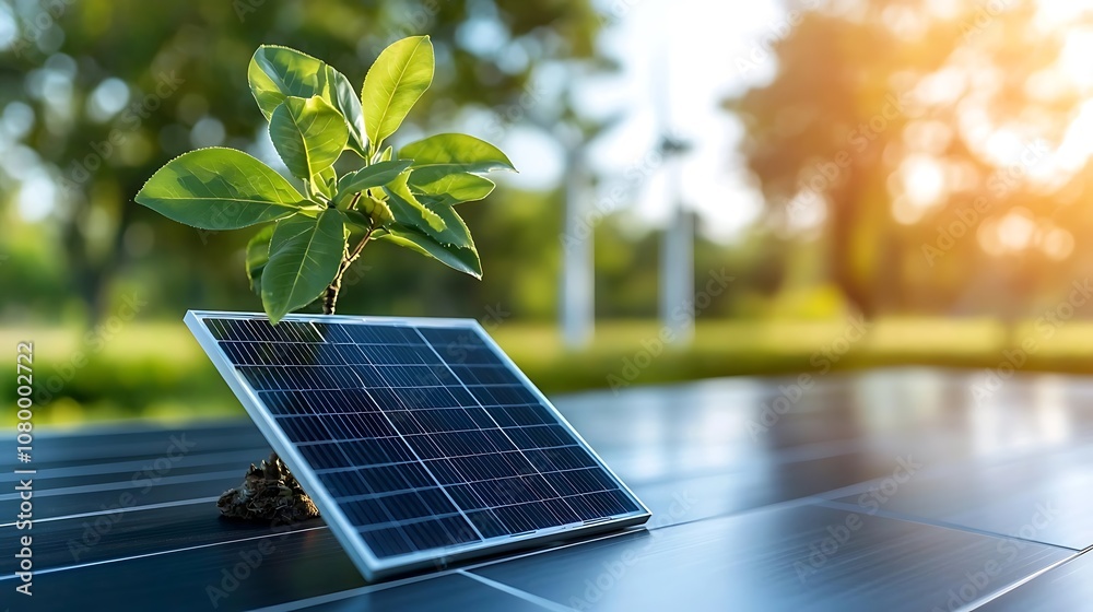 Fototapeta premium Solar powered green plant growing against a serene rural backdrop with bright sunlight illuminating the peaceful countryside landscape Renewable energy and eco friendly concept