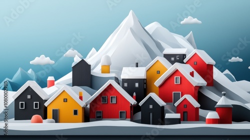 minimalist mountain town with small lodges and snowy peaks photo