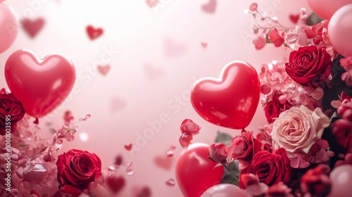 Romantic Red Roses and Heart Balloons for Valentines Day