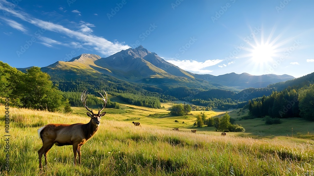 Stunning mountain landscape with a grazing deer in an autumn meadow Picturesque scenic view of the rugged peaks lush vegetation and golden sunlight in a serene and peaceful rural setting Stunning mountain landscape with a grazing deer in an autumn meadow Picturesque scenic view of the rugged peaks lush vegetation and golden sunlight in a serene and peaceful rural setting