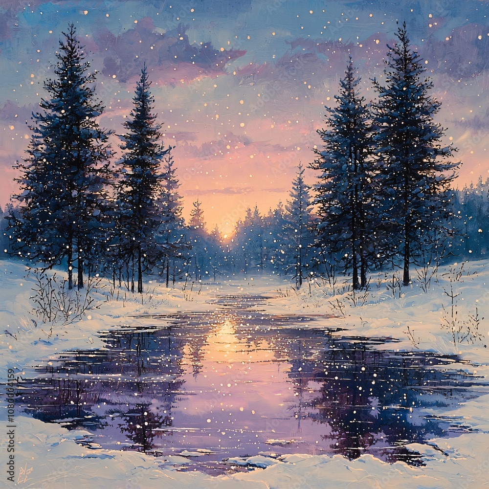 Fototapeta premium A tranquil winter landscape featuring softly falling snowflakes, a frozen pond, and towering pine trees, ideal for seasonal promotions, winter holidays, or serene decor.