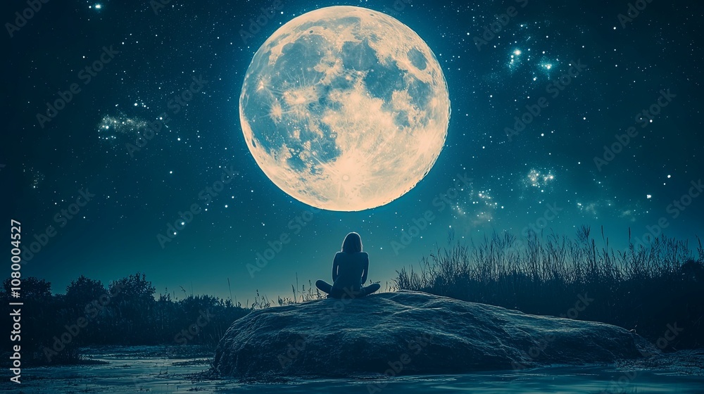A Solitary Figure Contemplating the Full Moon Under a Starry Sky A Solitary Figure Contemplating the Full Moon Under a Starry Sky