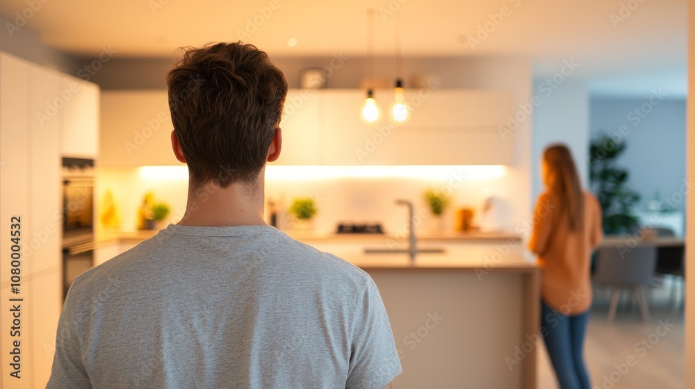 Fototapeta premium Family adjusting lighting in modern kitchen for cozy family dinner setting