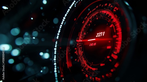 A futuristic car speedometer for the year 2024, featuring a red indicator against a blurred black background. This image evokes a sense of speed, technology, and the passage of time. 