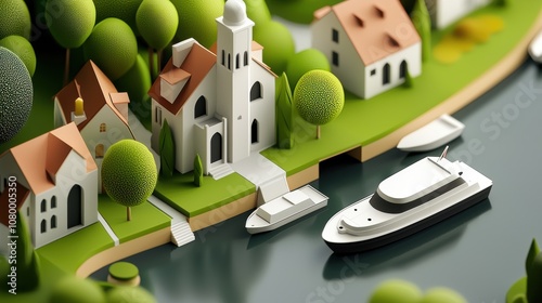 minimalistic isometric river town with boats and greenery