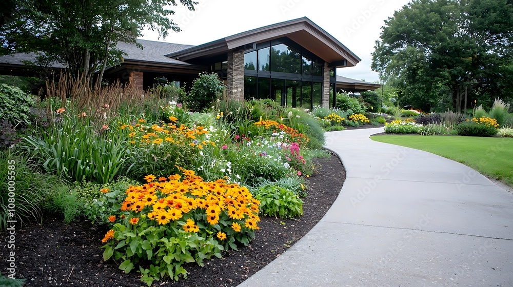 Obraz premium Beautifully Landscaped Residential Garden with Vibrant Floral Displays and Elegant Architecture The image showcases a well designed outdoor space with a lush colorful garden a paved walkway
