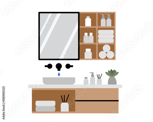 Illustration of a modern bathroom sink with a basin, mirror, towel, soap, stylish faucet, and minimalist vanity for home or interior design concepts for washing hand and face