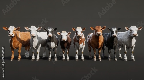 Cows of different breeds lined up in a studio, isolated on transparent background

 photo