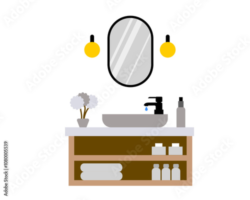 Illustration of a modern bathroom sink with a basin, mirror, towel, soap, stylish faucet, and minimalist vanity for home or interior design concepts for washing hand and face