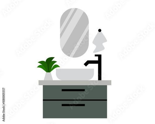 Illustration of a modern bathroom sink with a basin, mirror, towel, soap, stylish faucet, and minimalist vanity for home or interior design concepts for washing hand and face