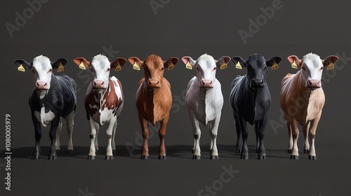 Cows of different breeds lined up in a studio, isolated on transparent background

 photo