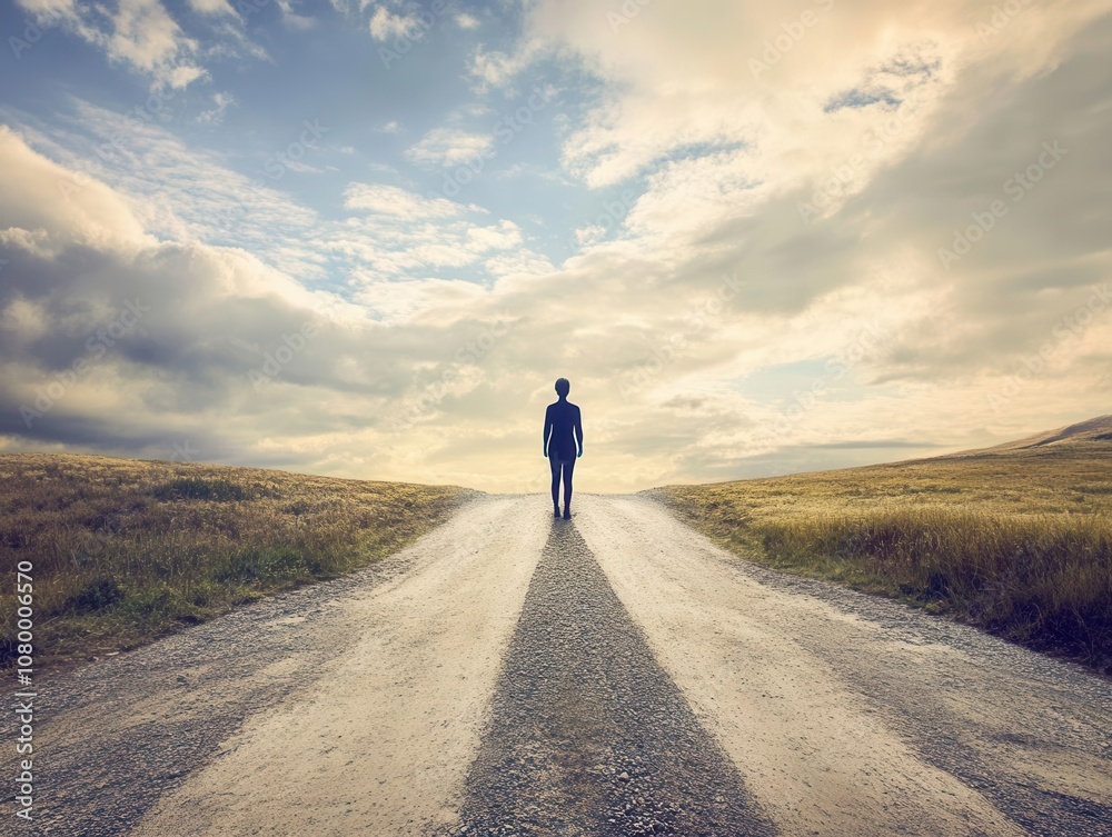 Walking towards the horizon a solitary figure on a country road open landscape dramatic sky inspirational journey