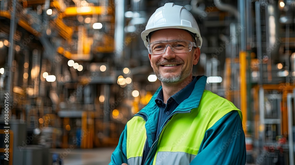 Smiling Industrial Worker Wearing Safety Gear in a Factory