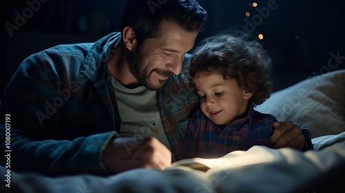 A father reads a bedtime story to his young son, both are smiling, a warm and intimate moment of shared love and connection.