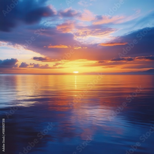 Sunset reflection over calm ocean waters coastal landscape photography serene atmosphere wide angle view nature's beauty