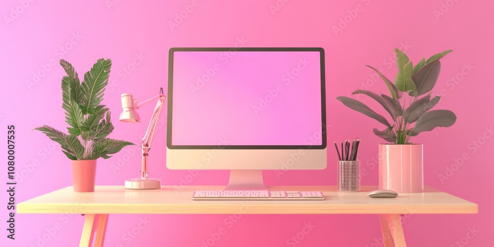 Minimalist pink workspace with a computer, desk lamp, keyboard, and plants. Minimalist pink workspace with a computer, desk lamp, keyboard, and plants.