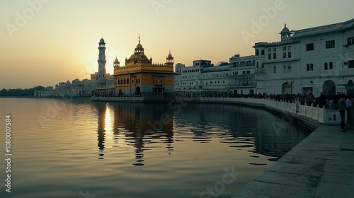 Captivating Sunset View of the Golden Temple Surrounded by Santosh Lake and Majestic Architecture in India photo