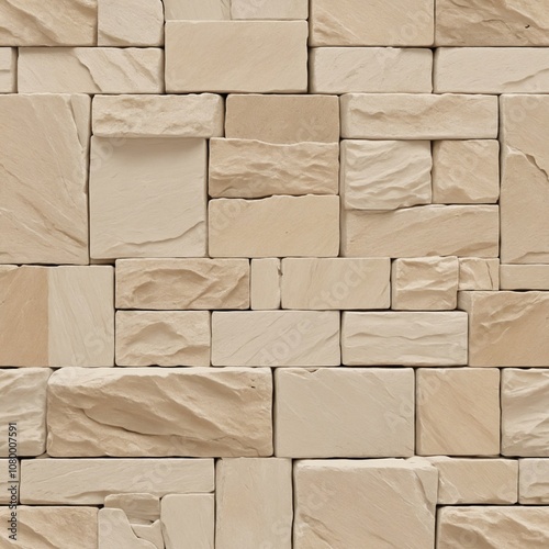 Textured limestone cladding stone wall made of rectangular blocks in light beige and cream colors, showcasing natural variations and imperfections