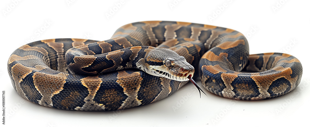 Obraz premium Close-up of a coiled ball python snake on white background