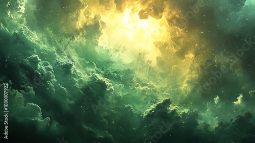 Abstract illustration of green explosion or natural disaster with smoke clouds