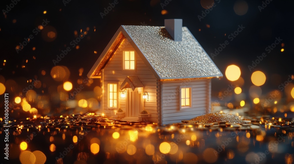 A small house with a gold roof sits on a pile of gold coins. Generative AI A small house with a gold roof sits on a pile of gold coins. Generative AI