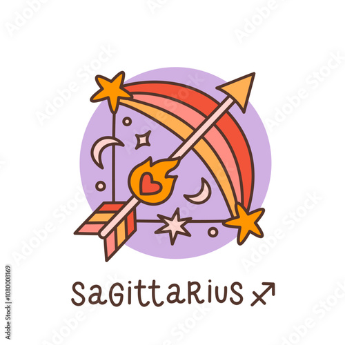 Retro groovy Sagittarius, zodiac sign. Bow and arrow, astrology horoscope symbol in vintage style. Sagittarius constellation. The Fire element. Vector illustration. Hippie 60s, 70s design