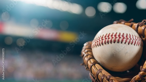 Close-up baseball glove catching ball with vibrant banners and advertising boards in background.