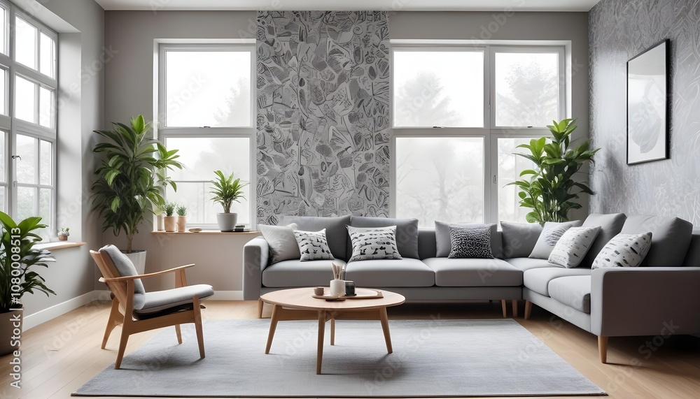 Fototapeta premium Scandinavian living room interior design zoom background,Doodle patterned wallpaper graphics
