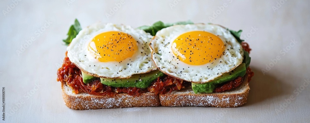 A delicious open-faced sandwich featuring two fried eggs, fresh greens, and savory toppings on whole grain bread.