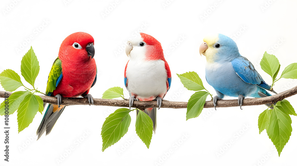 Obraz premium Three colorful birds perched on a branch surrounded by green leaves, showcasing vibrant plumage and cheerful presence in a natural setting.
