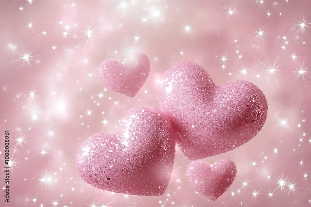 Elegant background with soft pink hearts surrounded by stars and sparkles. Elegant background with soft pink hearts surrounded by stars and sparkles.