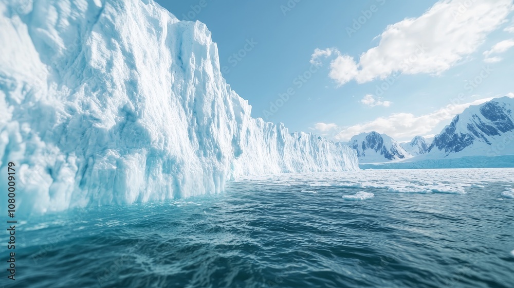 Glacier calving into ocean, symbolizing global warming impact on polar ice and rising sea levels. Glacier calving into ocean, symbolizing global warming impact on polar ice and rising sea levels.