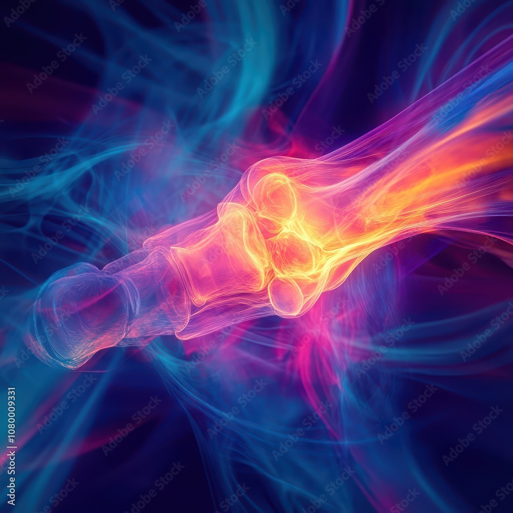 Obraz premium Abstract digital art of elbow joint surrounded by vibrant energy waves, symbolizing healing, [health care], [wellness art]