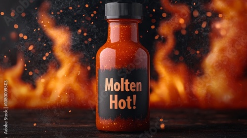 Dramatic volcano-themed ad featuring hot sauce bottle with lava pouring out, slogan 