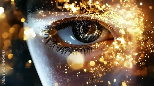 A young girl's face is illuminated by light, surrounded by glowing particles and stars. The background features dark tones 