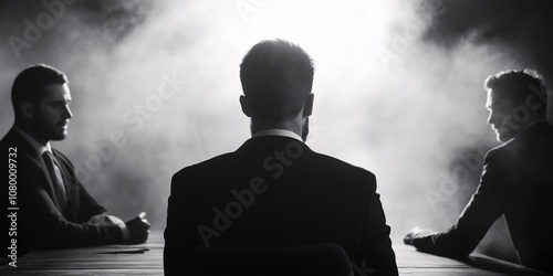 Professional Individuals Engaged in a Business Meeting with a Mysterious Atmosphere and Dramatic Lighting in a Conference Setting