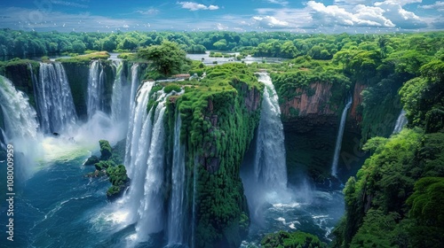 A stunning view of waterfalls surrounded by lush greenery under a bright blue sky.