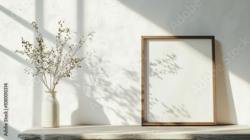 A picture on a table leaning on the white wall. Generative AI