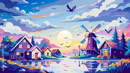 Picturesque Sunset at Idyllic Windmill Village by the Lake