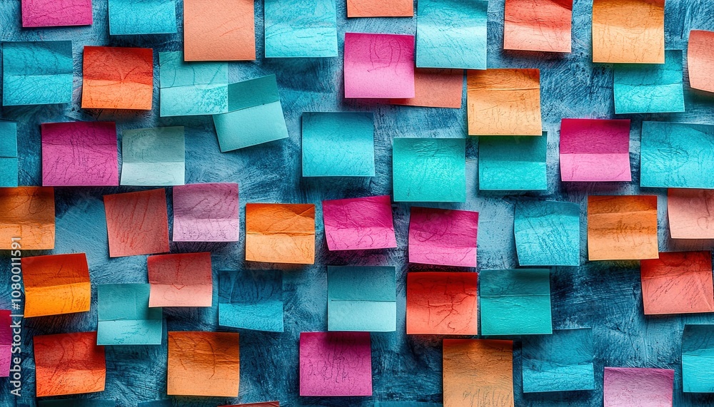 A vibrant collection of colorful sticky notes on a textured blue background A vibrant collection of colorful sticky notes on a textured blue background