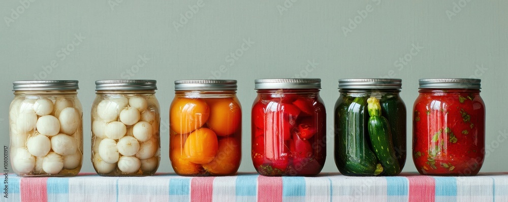 A colorful array of jars filled with various pickled vegetables and fruits, lined up on a table with a striped cloth backdrop.