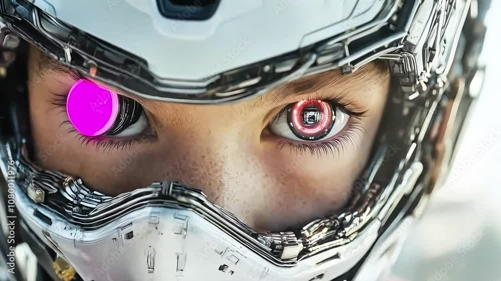 A child's face, half hidden behind a robotic arm. The robot's eye is looking directly at the child, and they are smiling. technology theme. A child's face, half hidden behind a robotic arm. The robot's eye is looking directly at the child, and they are smiling. technology theme.