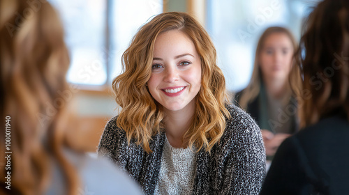 A smiling woman with curly hair engages in a conversation, radiating warmth and positivity in a cozy indoor setting.