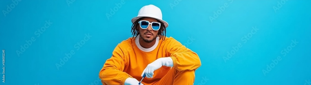Man in a yellow shirt and white hat is sitting on a blue wall. He is holding a toothbrush in his hand Man in a yellow shirt and white hat is sitting on a blue wall. He is holding a toothbrush in his hand