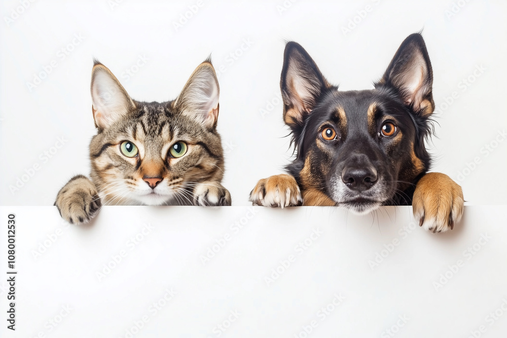 dog and a cat are standing next to a white board. The dog is smiling and the cat is looking at the camera dog and a cat are standing next to a white board. The dog is smiling and the cat is looking at the camera