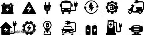 Electric car, bus, motorcycle vector icon set. Renewable electric power vehicle icons illustration. Contain icon such as car, location symbol, motor, charging station, maintenance and repair