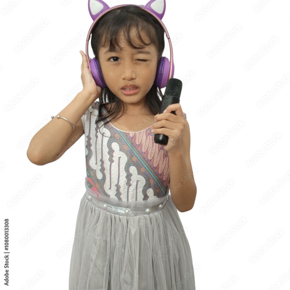 a little girl waring headphone and holding microphone hearing a loud noise a little girl waring headphone and holding microphone hearing a loud noise
